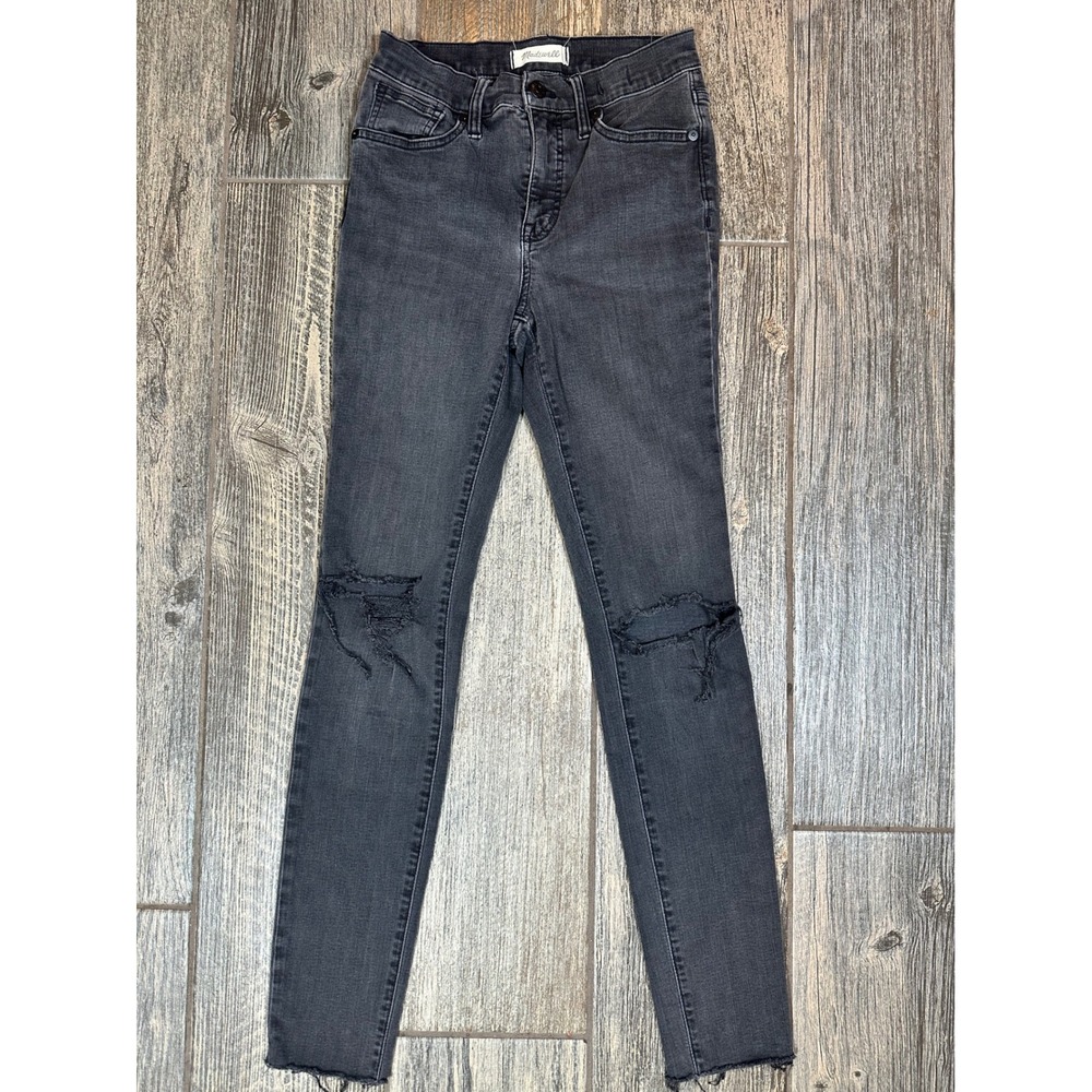 Madewell Womens Ripped Knee High Rise Skinny Jeans Dark Gray Wash Style H2230